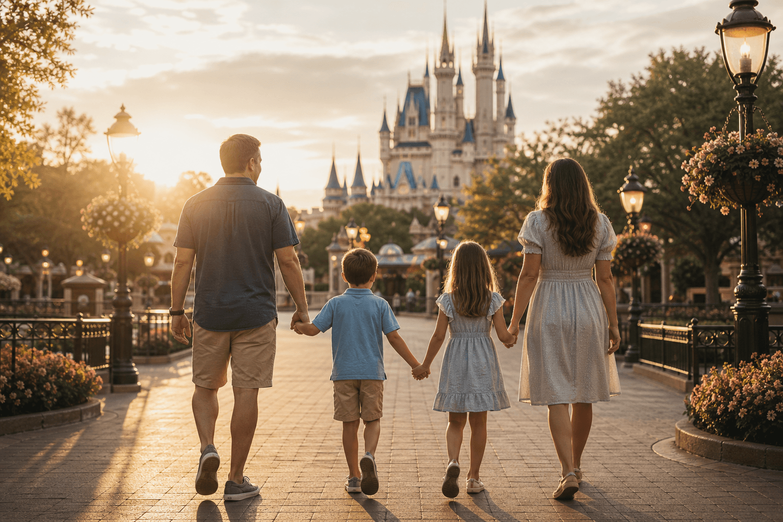 A family walking hand in hand toward a Disney park castle attraction at golden hour.