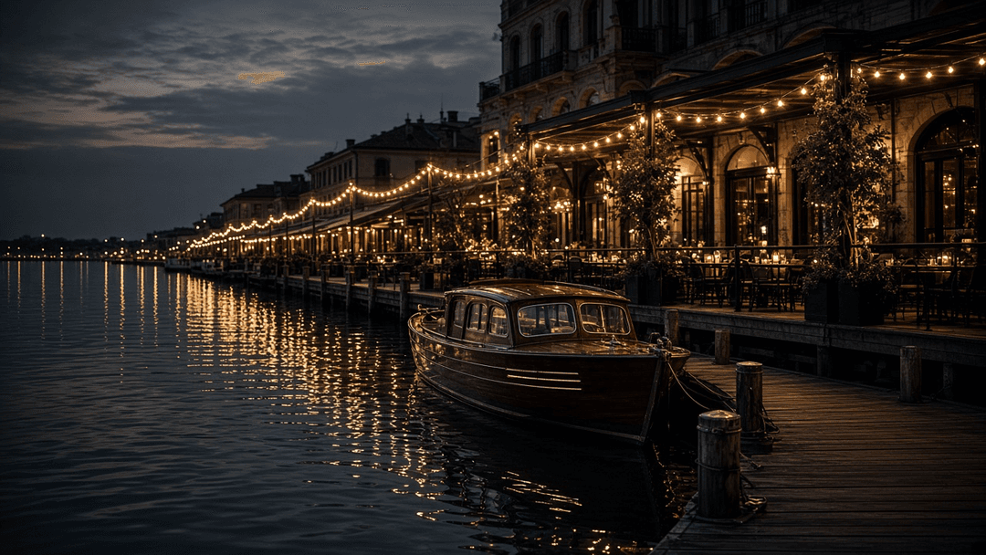 A waterfront dining district at dusk with string lights and a vintage boat at the dock