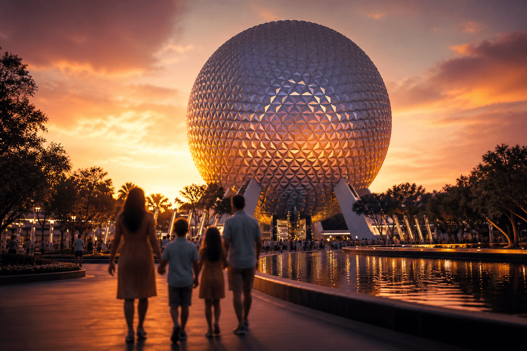 EPCOT attractions guide with the park's geodesic sphere at golden hour