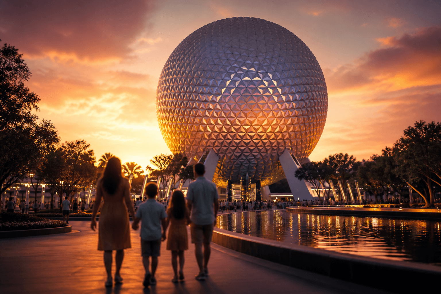 EPCOT attractions guide with the park's geodesic sphere at golden hour