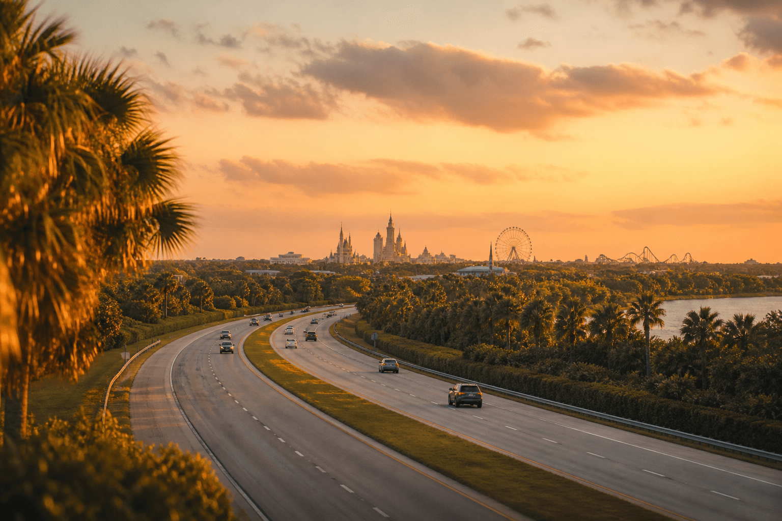 A Florida highway at golden hour showing how far Universal Studios is from Disney World