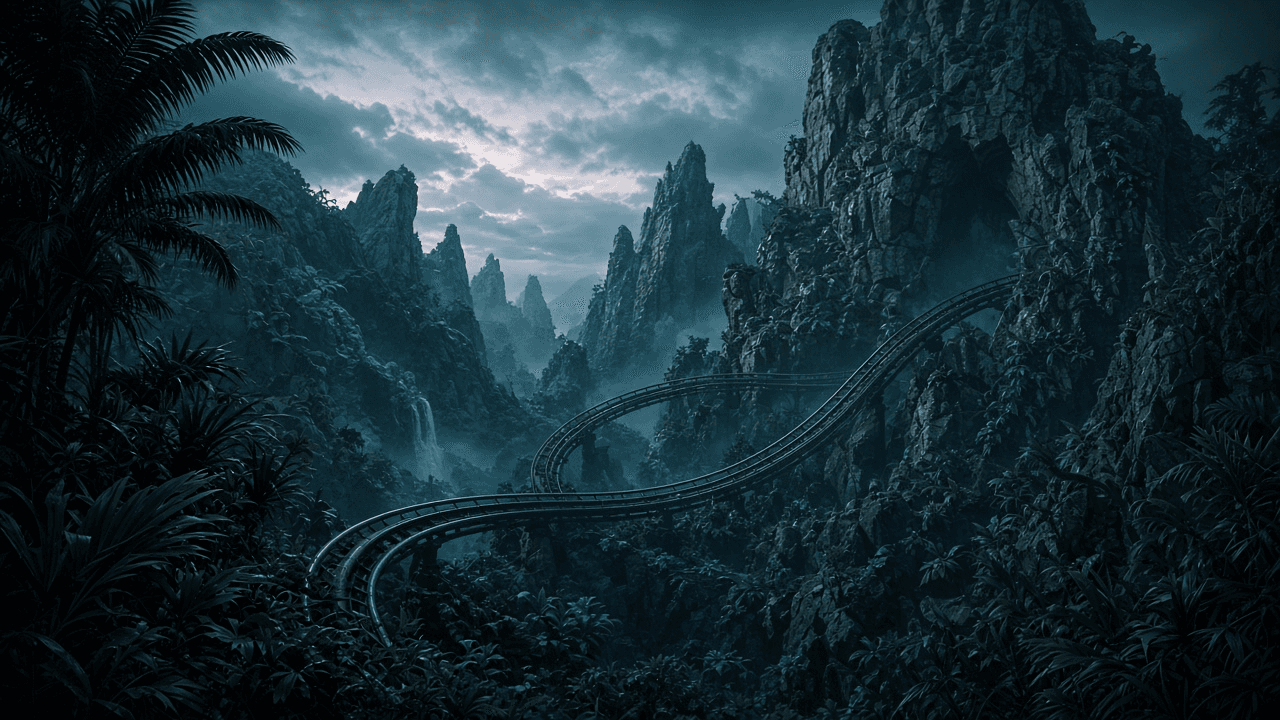 A winding roller coaster track through misty jungle cliffs representing Islands of Adventure rides