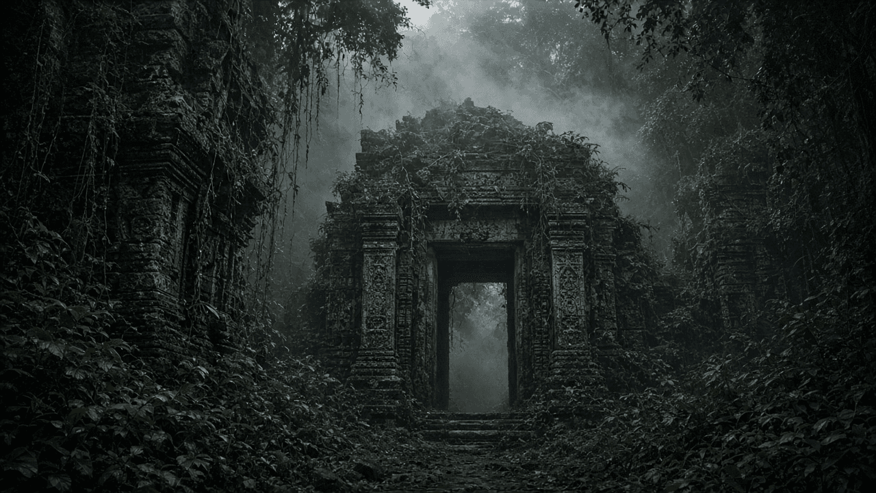 A mist-shrouded ancient stone temple gateway in dense jungle representing the King Kong ride