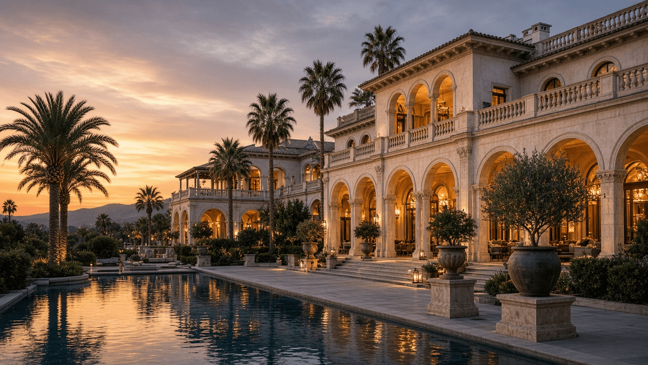 A luxury resort hotel exterior at golden dusk with palm trees and a reflecting pool