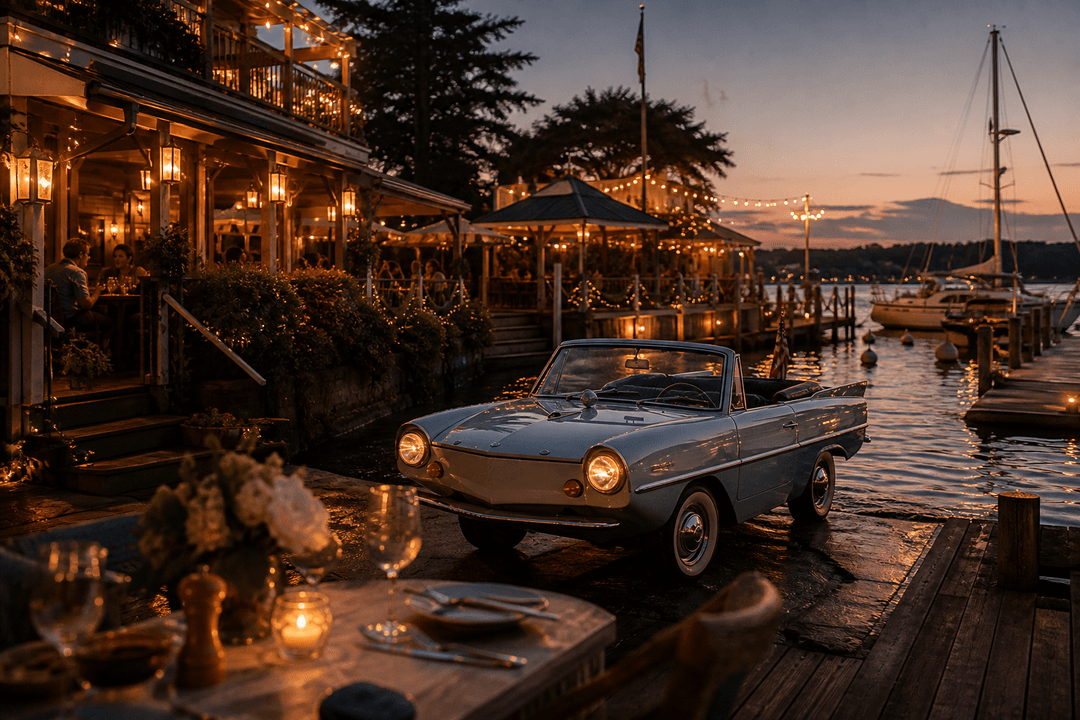 The Boathouse at Disney Springs waterfront dining with a vintage Amphicar at dusk