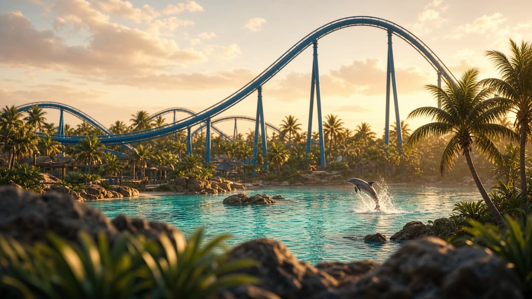 SeaWorld Orlando attractions with a blue coaster over a lagoon and a leaping dolphin