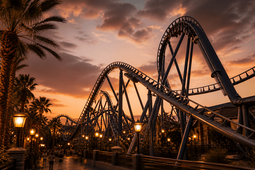 Universal Studios rides guide showing a roller coaster at twilight