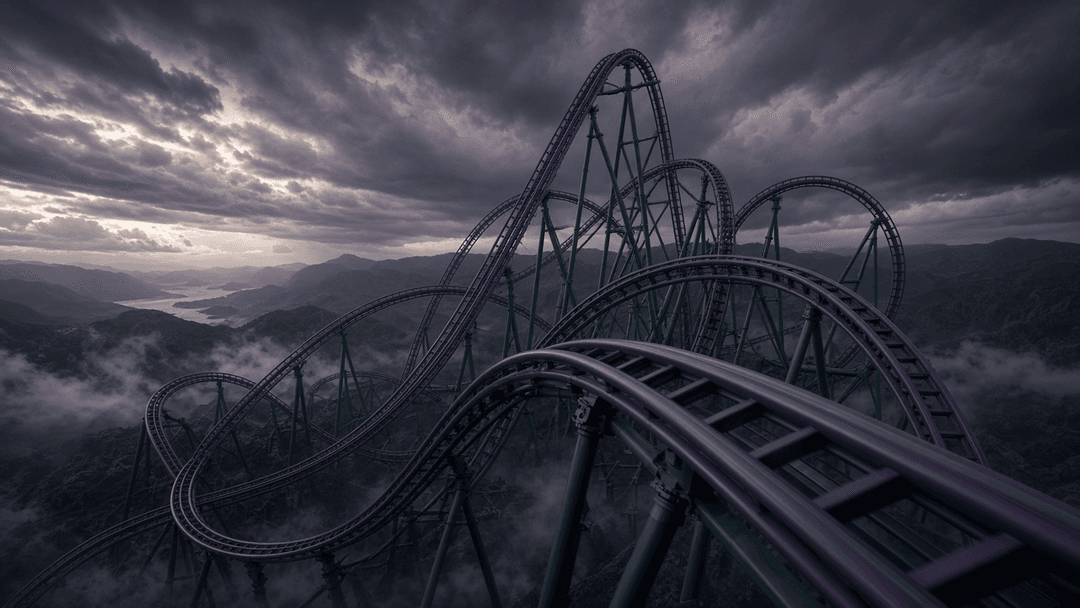A towering steel launch roller coaster with intertwining tracks against a dramatic sky