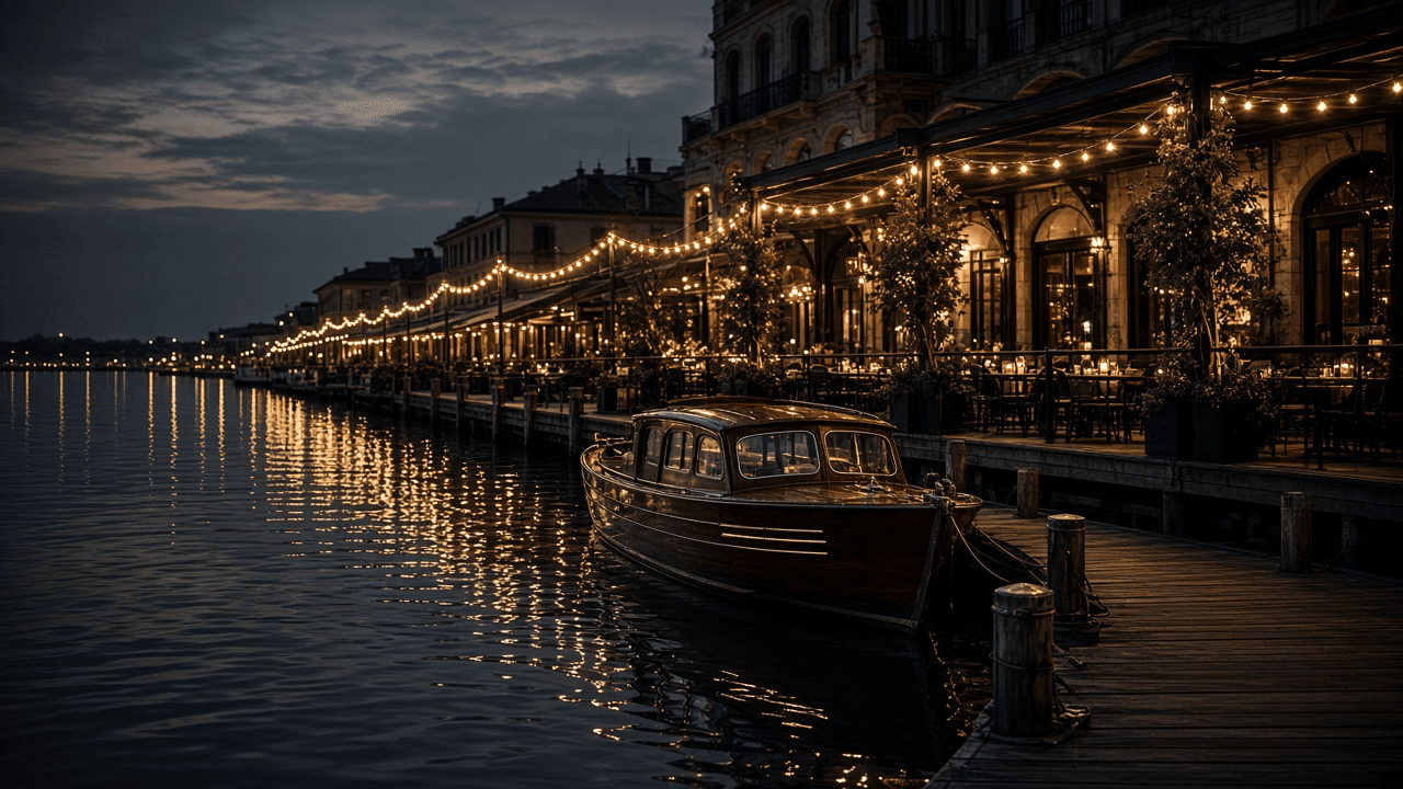 A waterfront dining district at dusk with string lights and a vintage boat at the dock