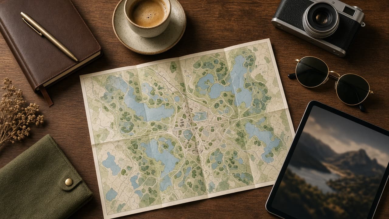 A travel planning desk with a map and notebook, representing Disney travel agent vs VIP tour