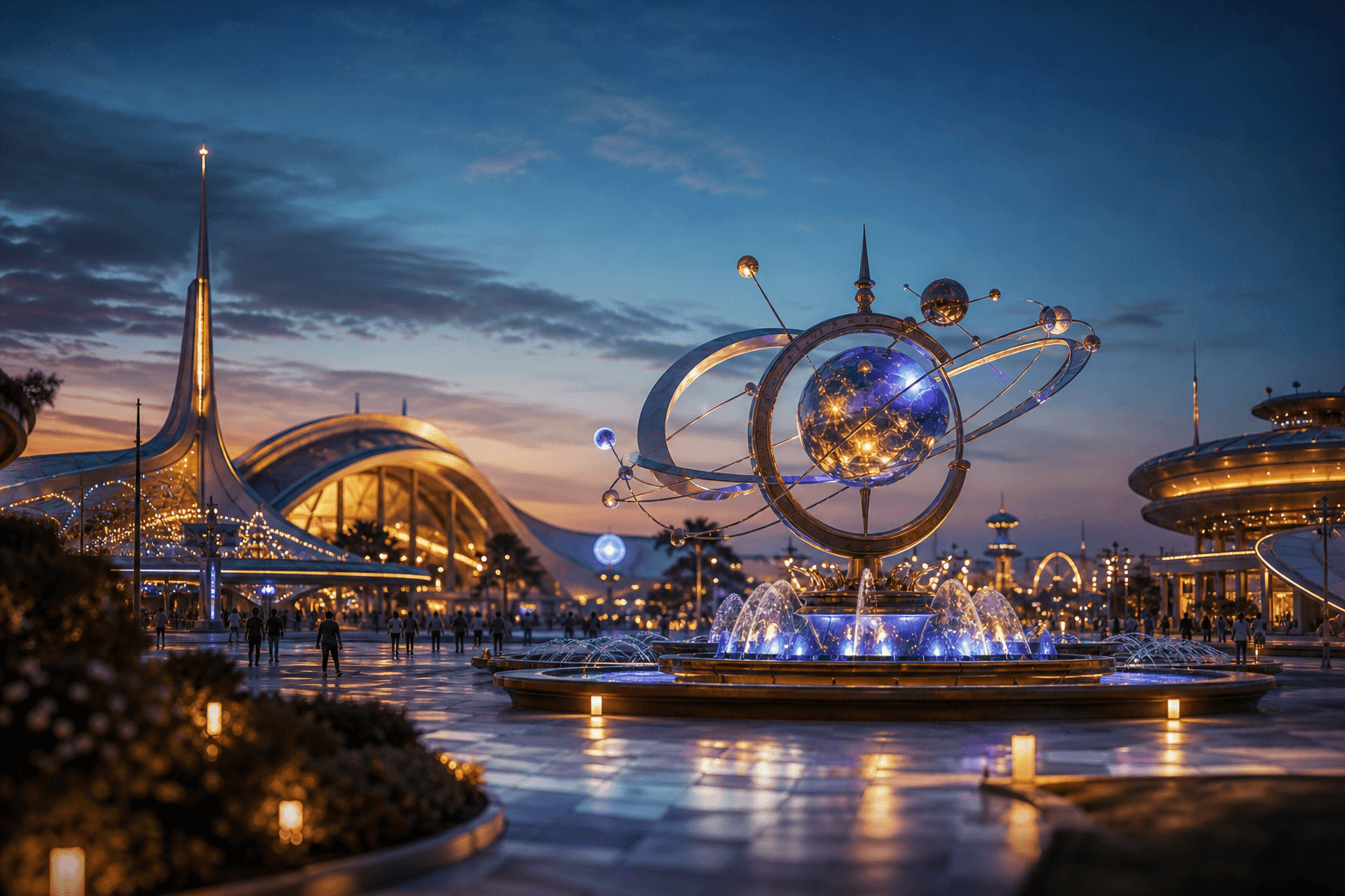Epic Universe Orlando futuristic park plaza at dusk with a celestial sculpture
