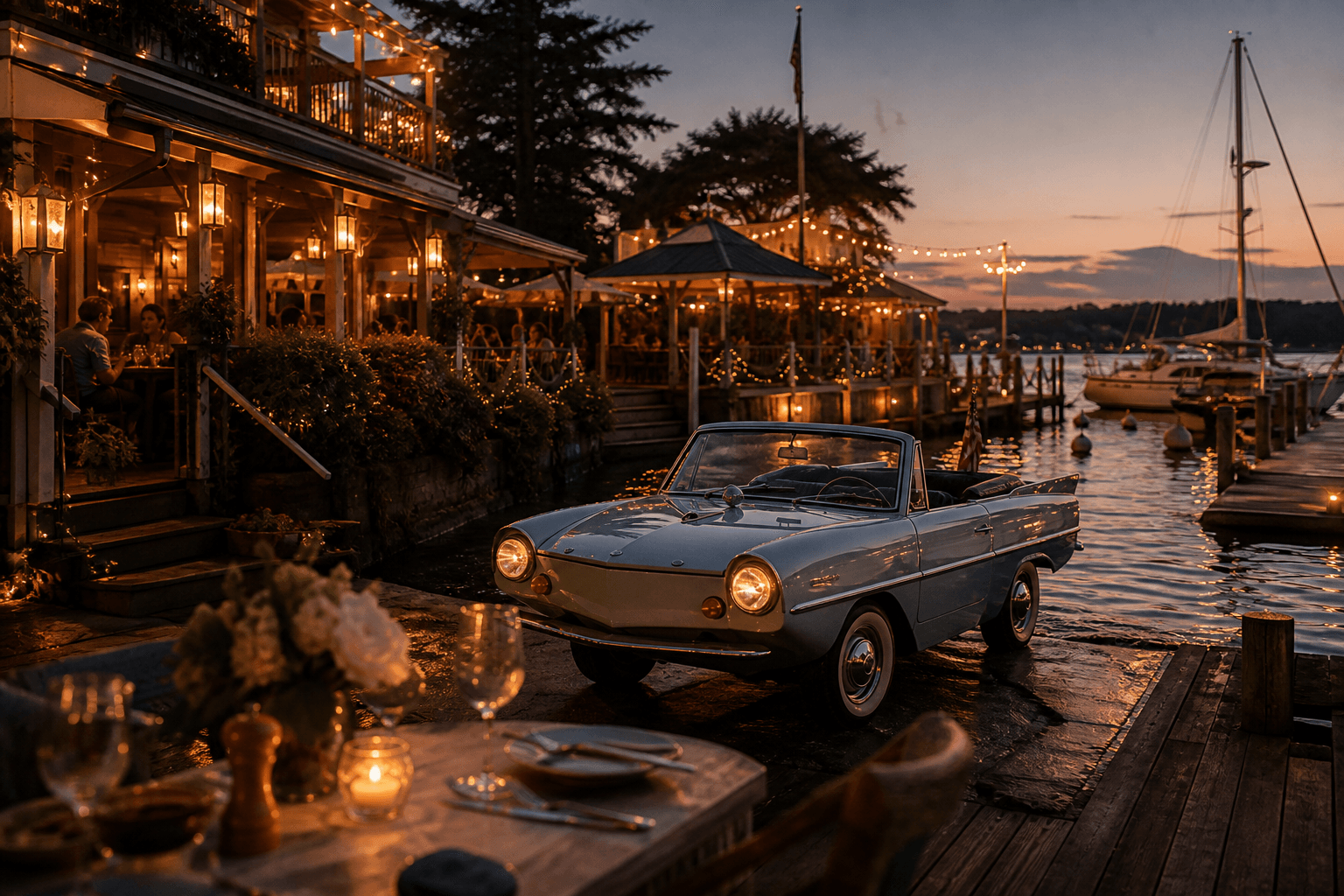 The Boathouse at Disney Springs waterfront dining with a vintage Amphicar at dusk
