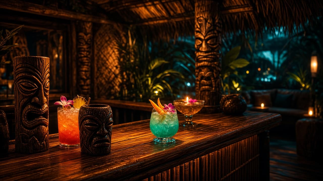 Dimly lit tiki bar with carved mugs and glowing cocktails like Trader Sam's Grog Grotto