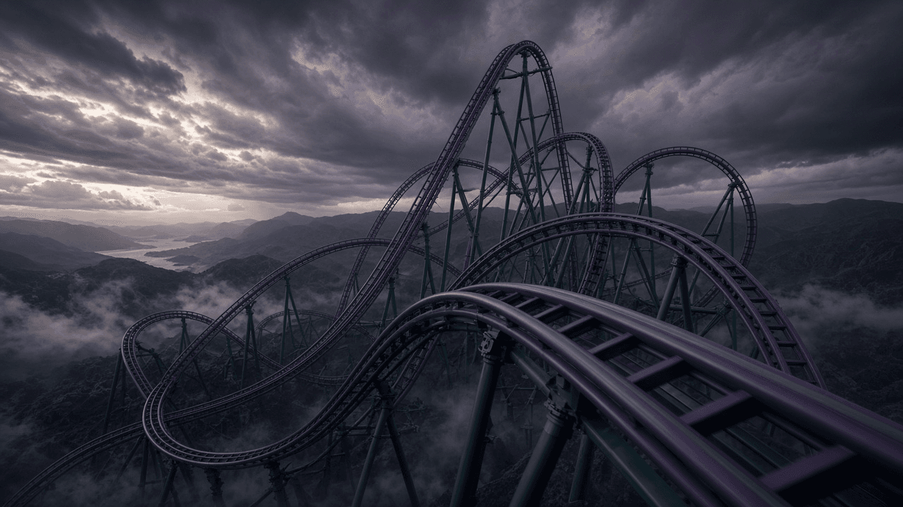 A towering steel launch roller coaster with intertwining tracks against a dramatic sky